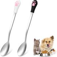HKM-0904509 Stainless Steel Dog & Cat Food Spoons with Long Handle - 2 Pack in White & Black with Cute Paw Print Design