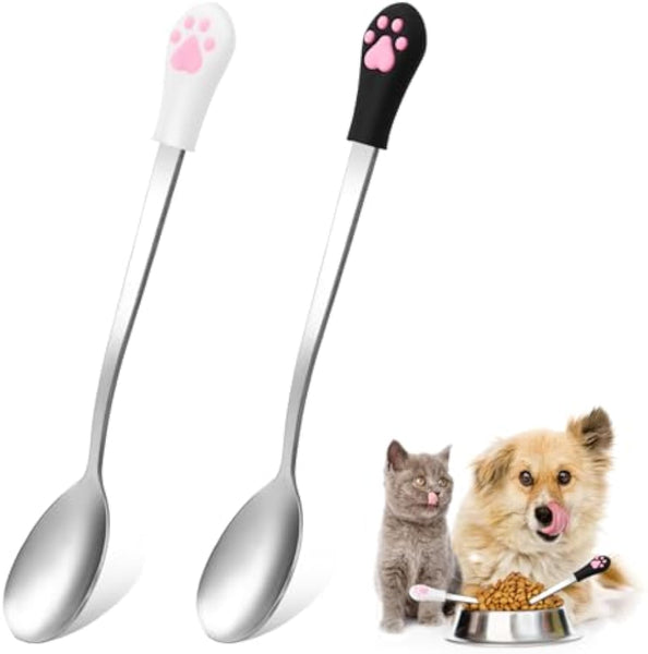 HKM-0904509 Stainless Steel Dog & Cat Food Spoons with Long Handle - 2 Pack in White & Black with Cute Paw Print Design