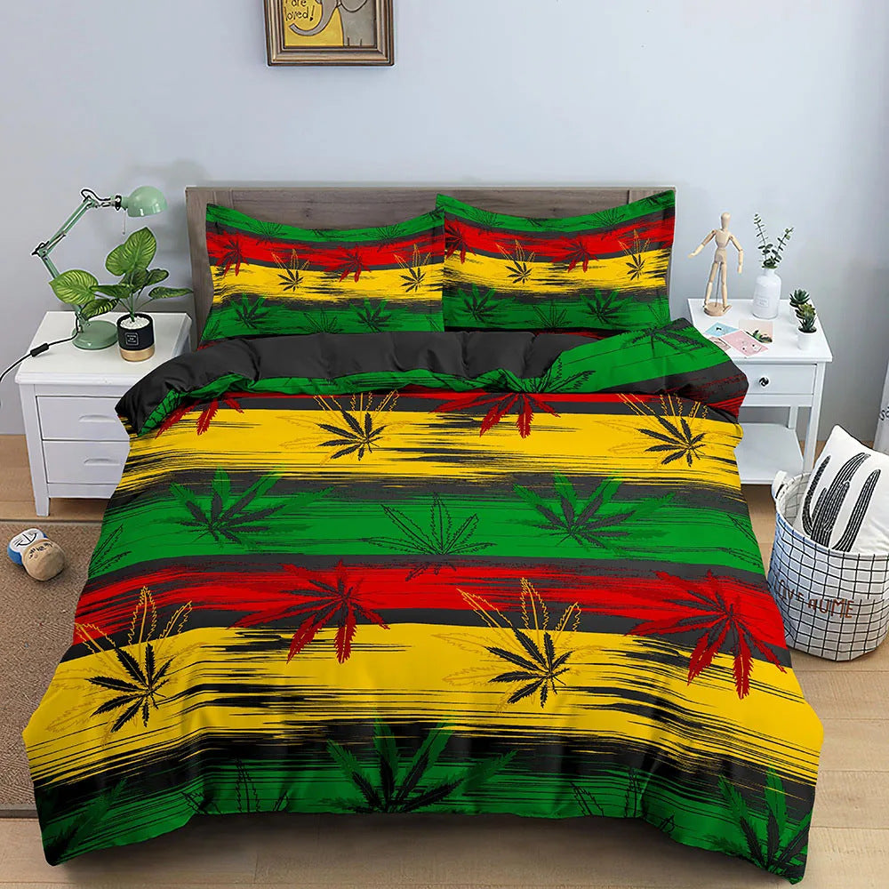 HKM-090515 Colorful Psychedelic Weed Leaf Bedding Set in Various Sizes - Modern Quilted Design, Digital Print