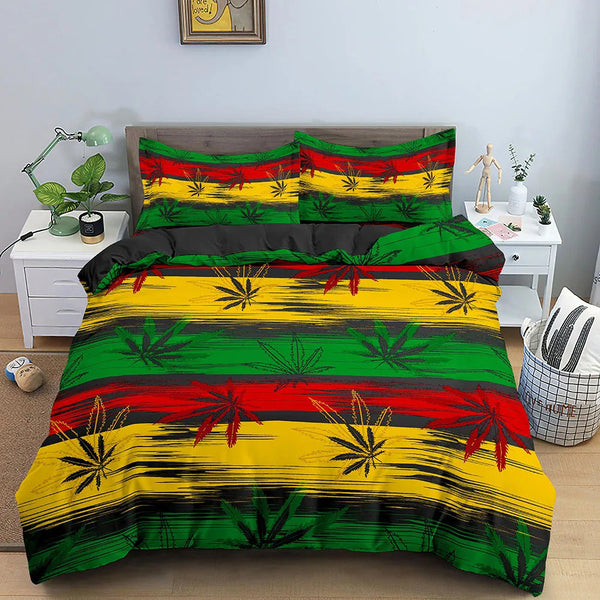 HKM-090515 Colorful Psychedelic Weed Leaf Bedding Set in Various Sizes - Modern Quilted Design, Digital Print