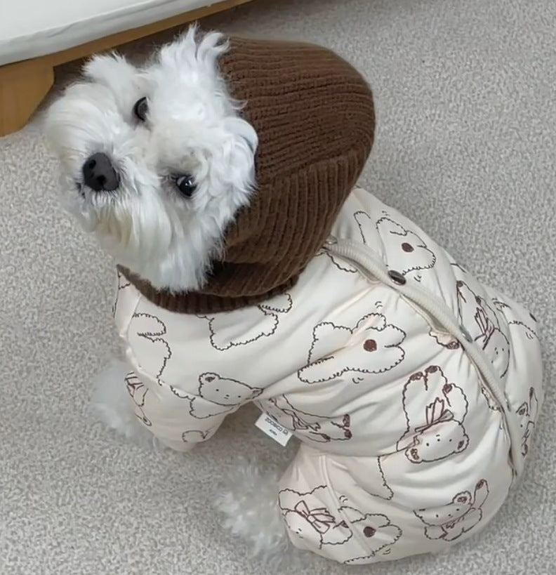 HKM-0905789 Adorable Bear Print Winter Jumpsuit for Pets with Knitted Scarf and Fleece Cuffs