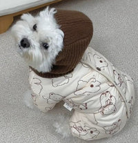HKM-0905789 Adorable Bear Print Winter Jumpsuit for Pets with Knitted Scarf and Fleece Cuffs