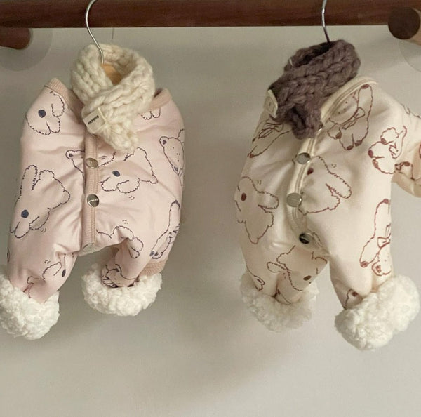 HKM-0905789 Adorable Bear Print Winter Jumpsuit for Pets with Knitted Scarf and Fleece Cuffs