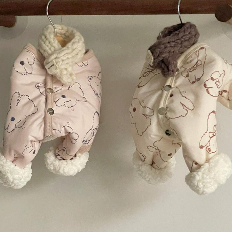 HKM-0905789 Adorable Bear Print Winter Jumpsuit for Pets with Knitted Scarf and Fleece Cuffs