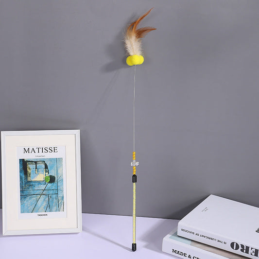 HKM-090835 60cm Long Steel Wire Cat Teaser Rod with Feather and Fur Ball - Colorful Options Available