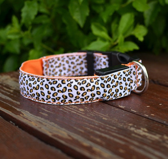 HKM-0908989 LED Pet Safety Collar with Adjustable Nylon and Leopard Print Design