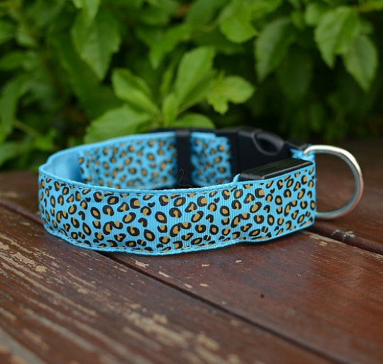HKM-0908989 LED Pet Safety Collar with Adjustable Nylon and Leopard Print Design