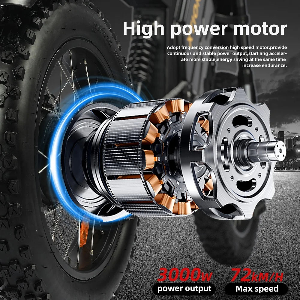 HKM-090899 3000W Electric Mountain Bike with 60V 20Ah Battery, 45MPH Speed, Dual Hydraulic Disc Brakes, & 7-Speed Gears