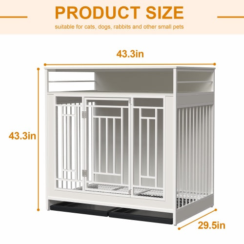 HKM-0910653 Wooden Dog Kennel with Divider and Storage Drawers, 43.3 Inch Large Pet Crate for Medium to Large Dogs