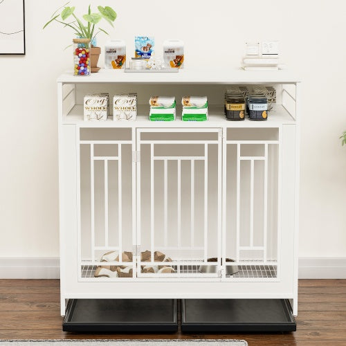 HKM-0910653 Wooden Dog Kennel with Divider and Storage Drawers, 43.3 Inch Large Pet Crate for Medium to Large Dogs
