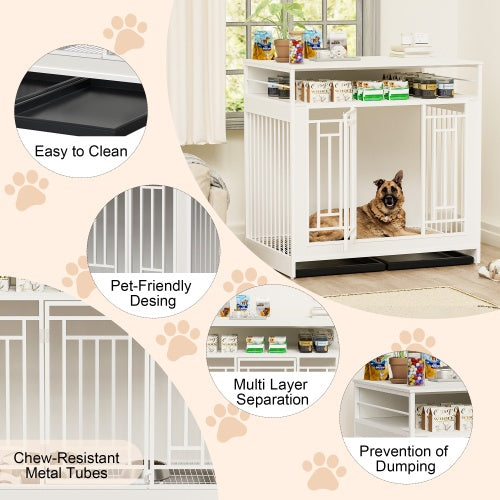 HKM-0910653 Wooden Dog Kennel with Divider and Storage Drawers, 43.3 Inch Large Pet Crate for Medium to Large Dogs