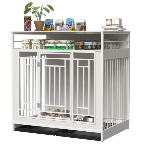 HKM-0910653 Wooden Dog Kennel with Divider and Storage Drawers, 43.3 Inch Large Pet Crate for Medium to Large Dogs