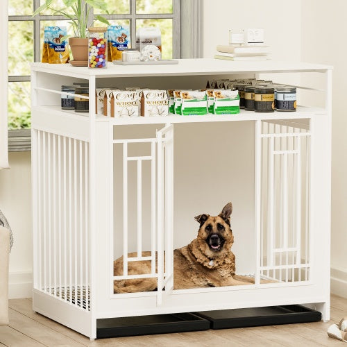 HKM-0910653 Wooden Dog Kennel with Divider and Storage Drawers, 43.3 Inch Large Pet Crate for Medium to Large Dogs