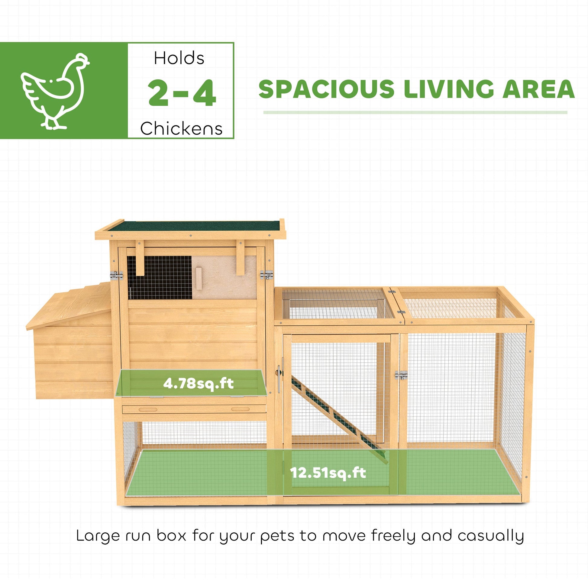 HKM-0916413 75" Wooden Chicken Coop with Nesting Box, Removable Tray, Ramp, and Secure Run for Backyard Use