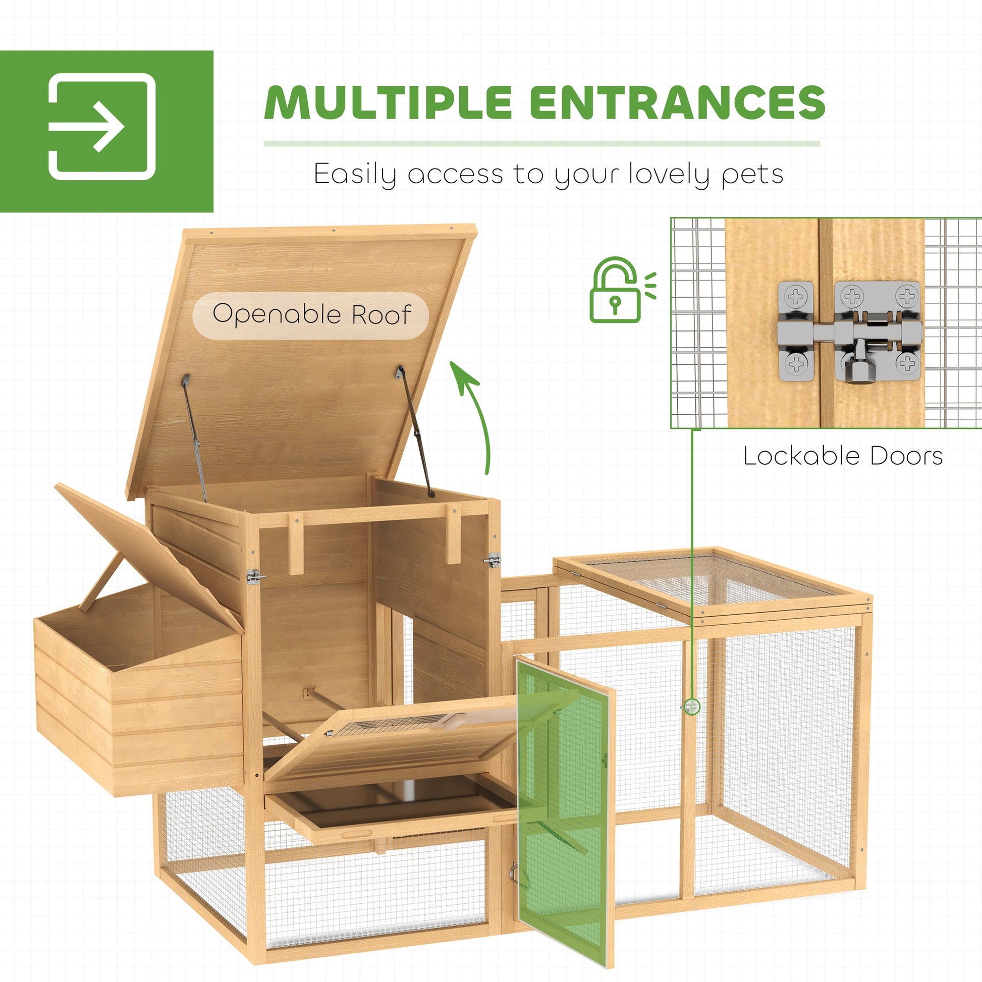 HKM-0916413 75" Wooden Chicken Coop with Nesting Box, Removable Tray, Ramp, and Secure Run for Backyard Use