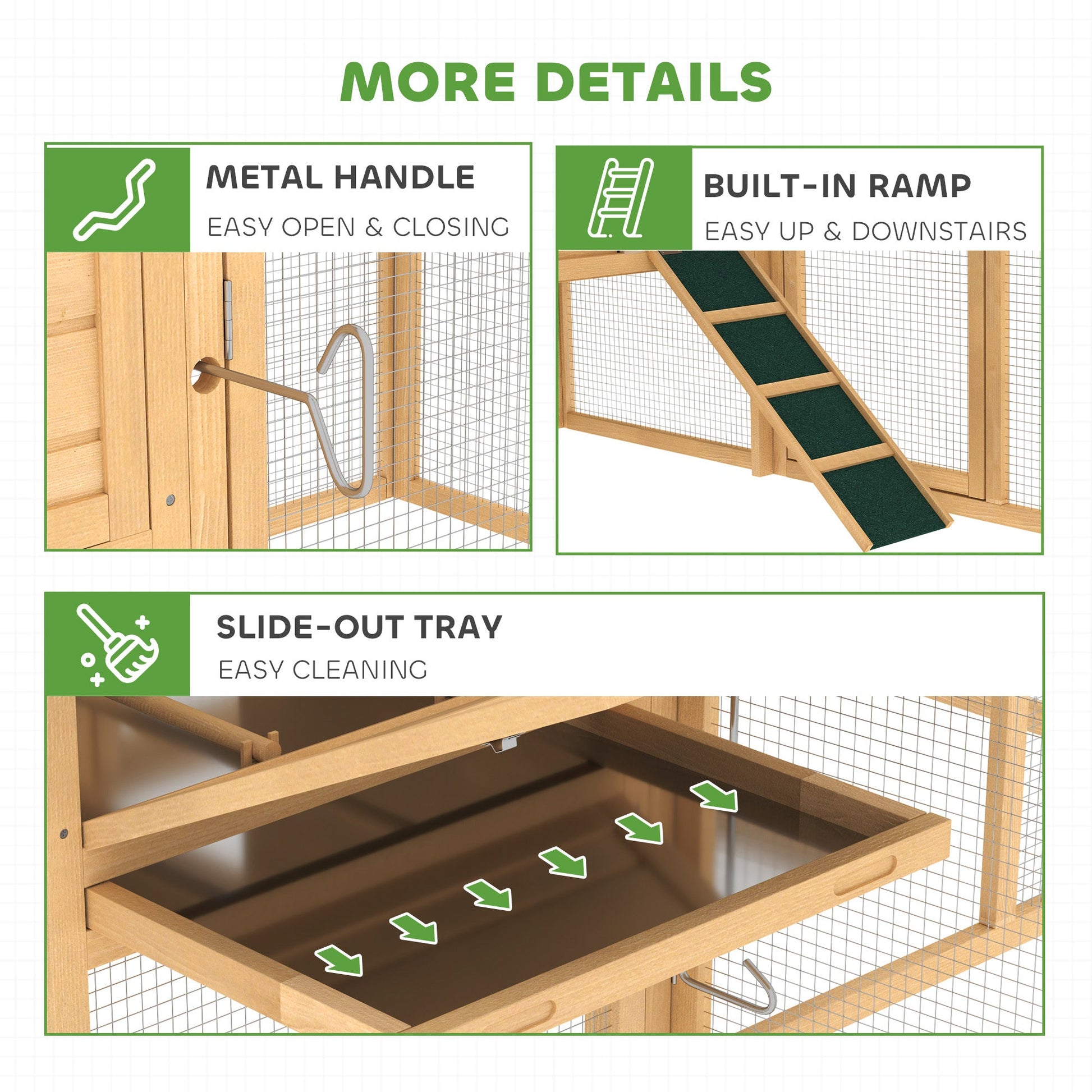 HKM-0916413 75" Wooden Chicken Coop with Nesting Box, Removable Tray, Ramp, and Secure Run for Backyard Use