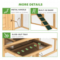 HKM-0916413 75" Wooden Chicken Coop with Nesting Box, Removable Tray, Ramp, and Secure Run for Backyard Use