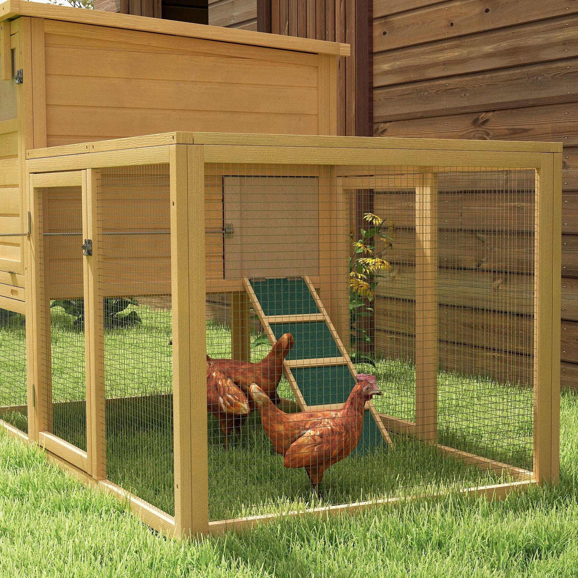HKM-0916413 75" Wooden Chicken Coop with Nesting Box, Removable Tray, Ramp, and Secure Run for Backyard Use