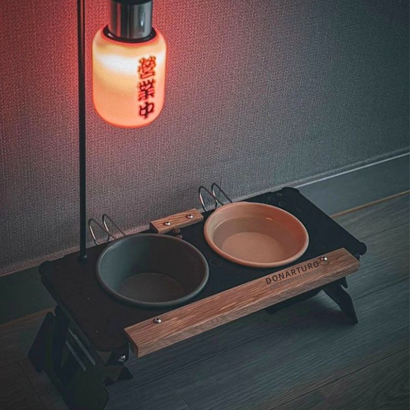 HKM-0924477 Pet Double Bowl Rack with Lamp Post for Outdoor Use - Suitable for Small and Medium Pets
