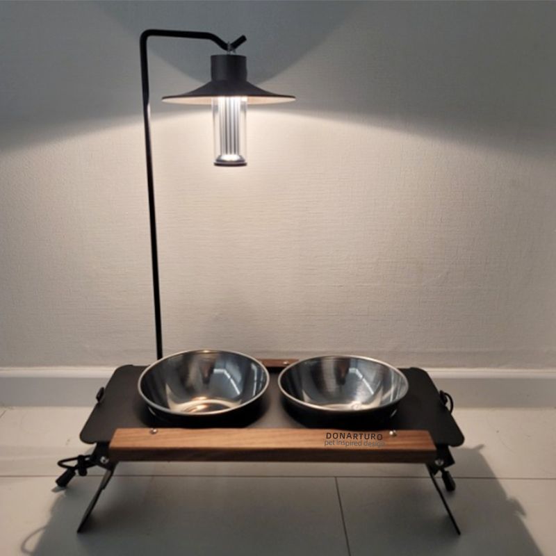 HKM-0924477 Pet Double Bowl Rack with Lamp Post for Outdoor Use - Suitable for Small and Medium Pets