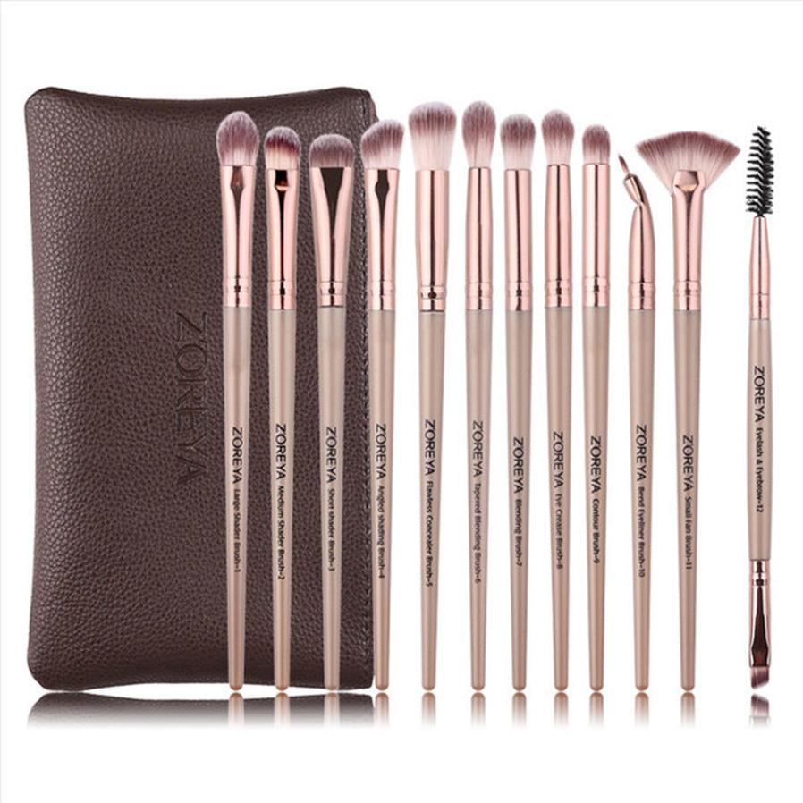 HKM-092563 12-Piece Makeup Brush Set with Wooden Handles for Concealer and Eyeshadow Application