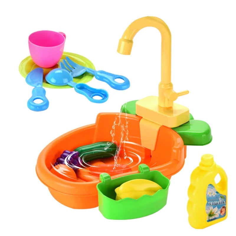 HKM-092755 Playful Kitchen Washing Sink Toy Set with Recirculating Faucet and Food Accessories for Kids 2-4 Years