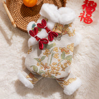 HKM-0938557 Lunar New Year Brocade Pet Jumpsuit with Faux Fur Trim and Traditional Chinese Knot Design