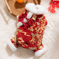 HKM-0938557 Lunar New Year Brocade Pet Jumpsuit with Faux Fur Trim and Traditional Chinese Knot Design
