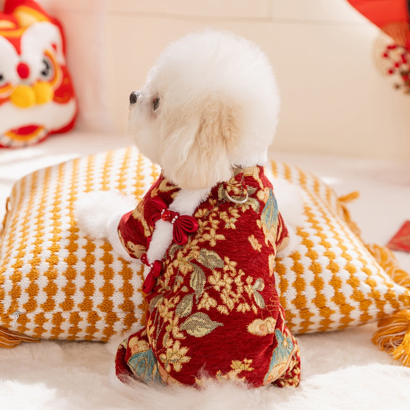 HKM-0938557 Lunar New Year Brocade Pet Jumpsuit with Faux Fur Trim and Traditional Chinese Knot Design