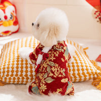 HKM-0938557 Lunar New Year Brocade Pet Jumpsuit with Faux Fur Trim and Traditional Chinese Knot Design