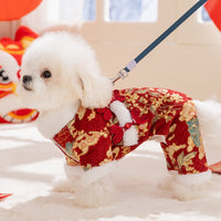HKM-0938557 Lunar New Year Brocade Pet Jumpsuit with Faux Fur Trim and Traditional Chinese Knot Design