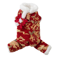 HKM-0938557 Lunar New Year Brocade Pet Jumpsuit with Faux Fur Trim and Traditional Chinese Knot Design