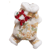 HKM-0938557 Lunar New Year Brocade Pet Jumpsuit with Faux Fur Trim and Traditional Chinese Knot Design