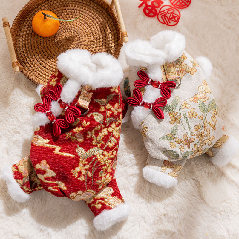 HKM-0938557 Lunar New Year Brocade Pet Jumpsuit with Faux Fur Trim and Traditional Chinese Knot Design