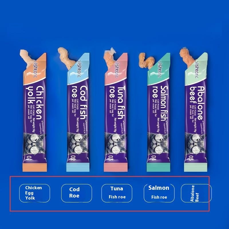 HKM-0945597 Nutritious Cat Strips - Chicken & Egg Yolk, Cod & Fish Roe, Tuna & Fish Seeds, Salmon & Fish Seeds, Abalone & Fish Seeds, 16g Pack
