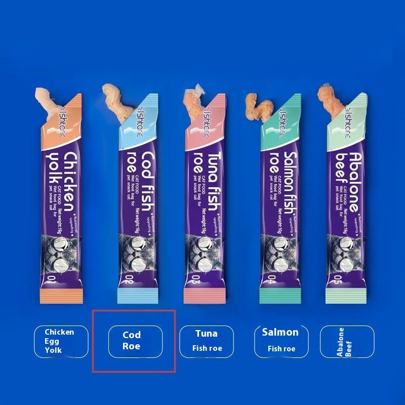 HKM-0945597 Nutritious Cat Strips - Chicken & Egg Yolk, Cod & Fish Roe, Tuna & Fish Seeds, Salmon & Fish Seeds, Abalone & Fish Seeds, 16g Pack