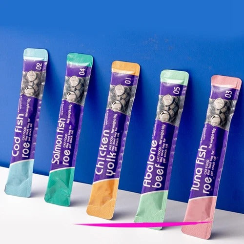 HKM-0945597 Nutritious Cat Strips - Chicken & Egg Yolk, Cod & Fish Roe, Tuna & Fish Seeds, Salmon & Fish Seeds, Abalone & Fish Seeds, 16g Pack