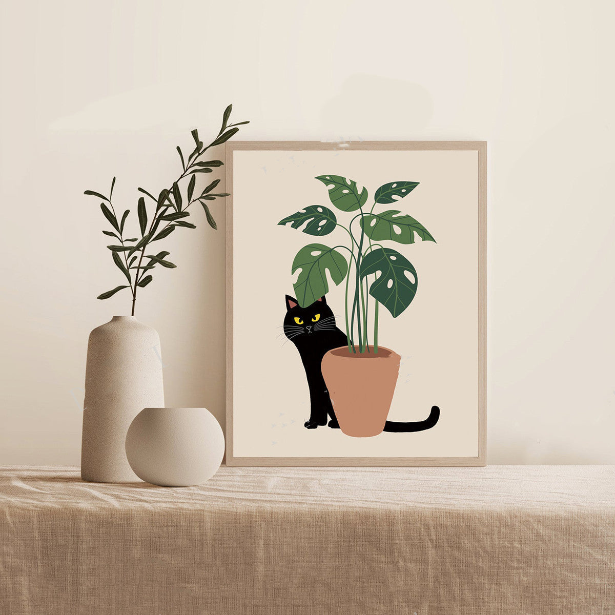 HKM-094803 Cute Cartoon Cat Canvas Wall Art - Modern Decorative Painting in Frameless Rectangular Design