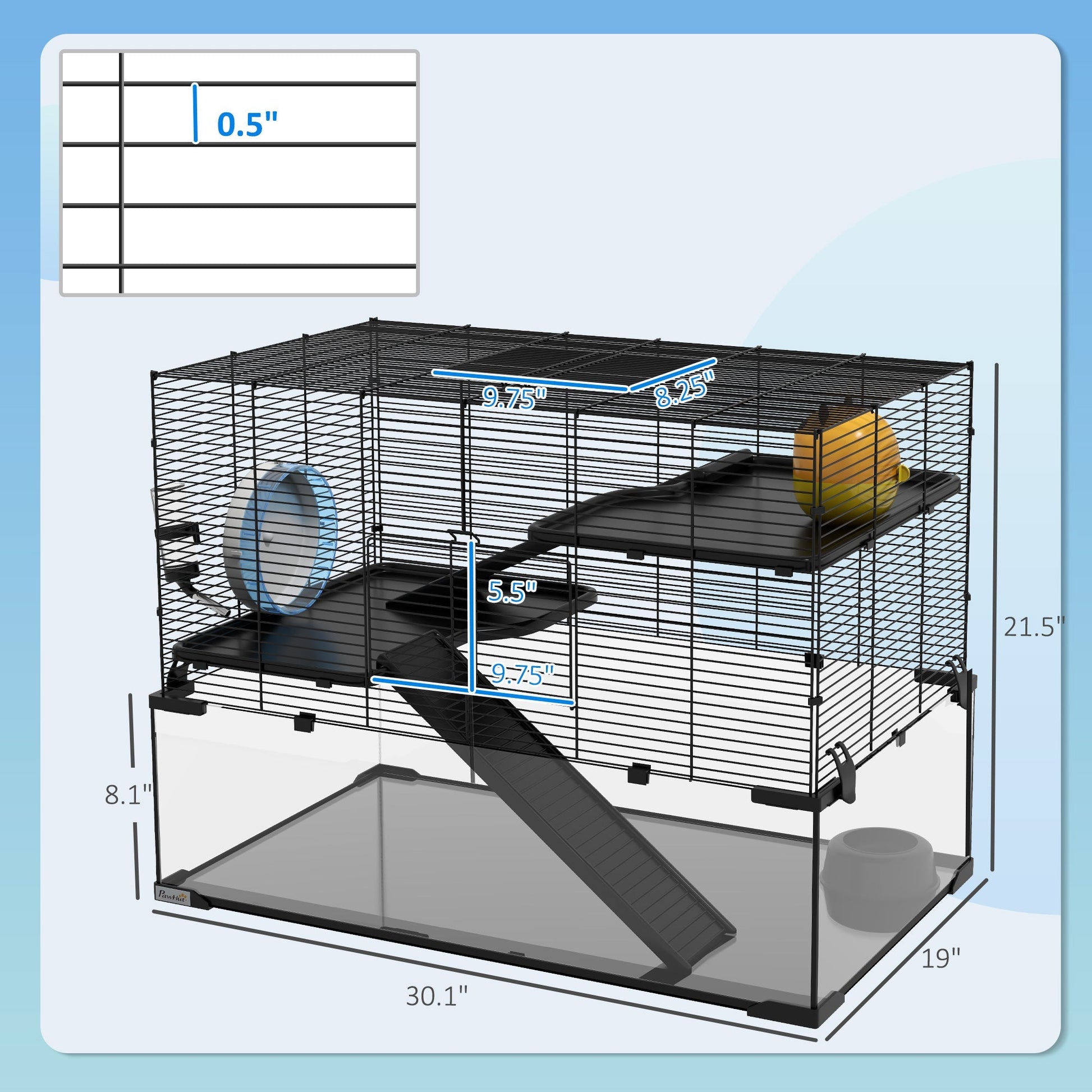 HKM-0949181 31" Black Glass Hamster & Gerbil Cage with 3-Tier Design, Ramps, and Accessories