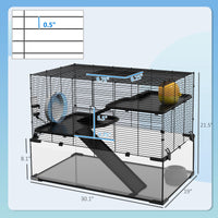 HKM-0949181 31" Black Glass Hamster & Gerbil Cage with 3-Tier Design, Ramps, and Accessories