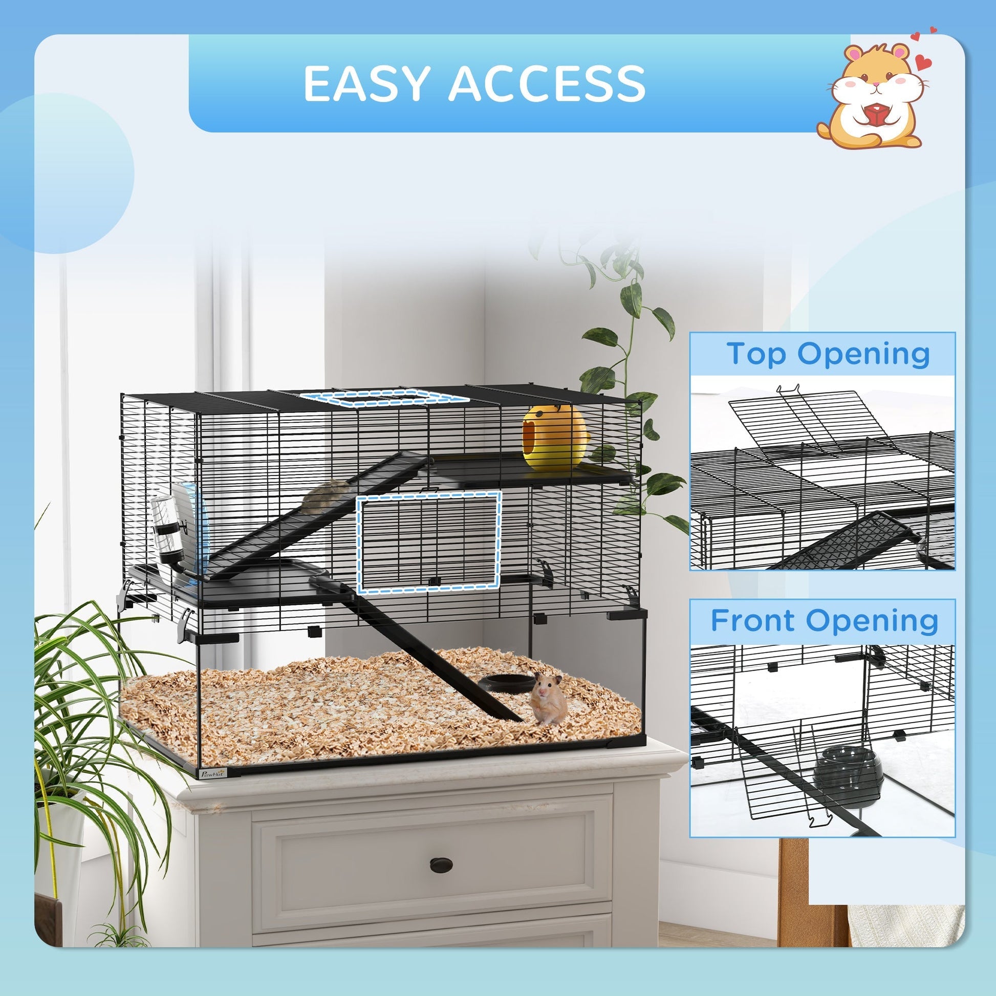 HKM-0949181 31" Black Glass Hamster & Gerbil Cage with 3-Tier Design, Ramps, and Accessories