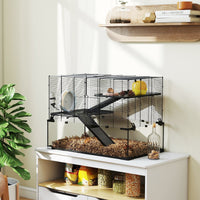 HKM-0949181 31" Black Glass Hamster & Gerbil Cage with 3-Tier Design, Ramps, and Accessories