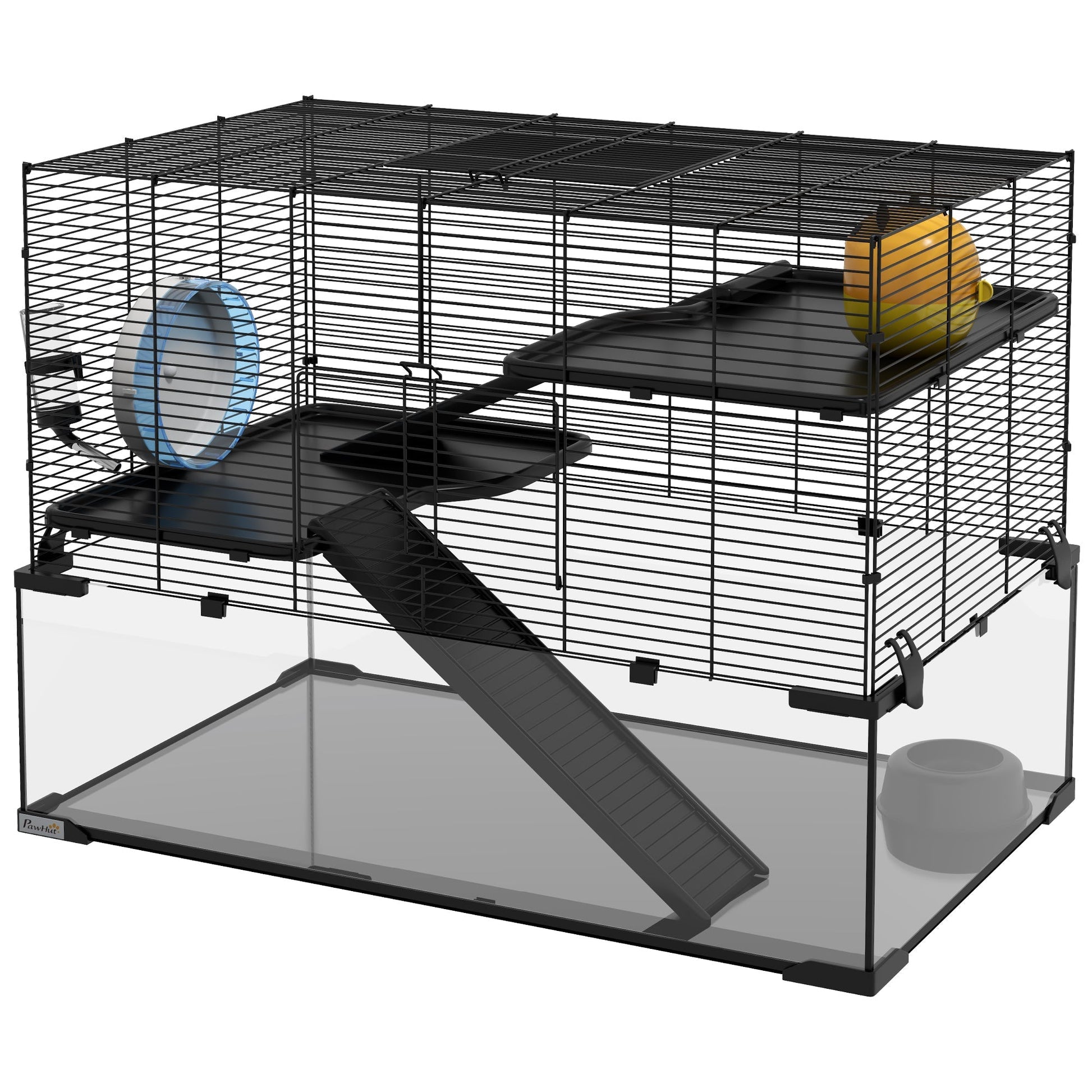 HKM-0949181 31" Black Glass Hamster & Gerbil Cage with 3-Tier Design, Ramps, and Accessories