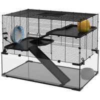 HKM-0949181 31" Black Glass Hamster & Gerbil Cage with 3-Tier Design, Ramps, and Accessories