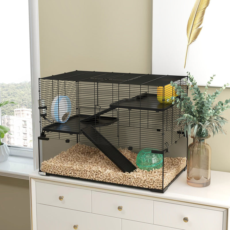 HKM-0949181 31" Black Glass Hamster & Gerbil Cage with 3-Tier Design, Ramps, and Accessories