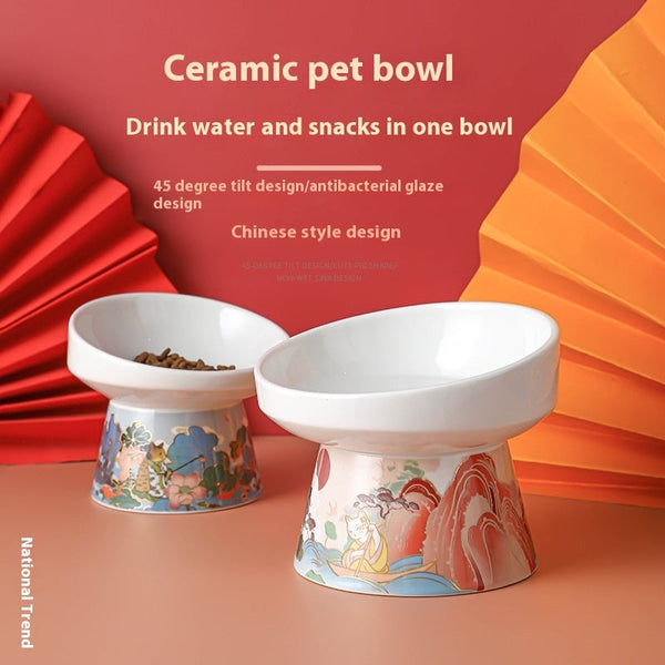HKM-0951485 Ceramic Cat Bowl with Elevated Legs - Available in Medium Blue and Large Red