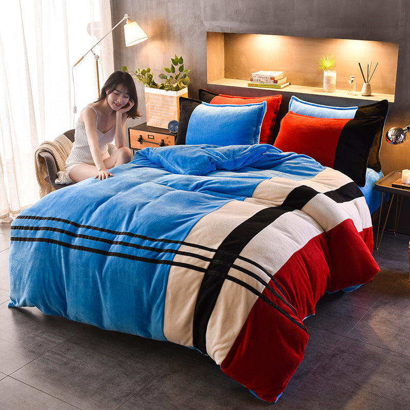 HKM-095635 Thickened Striped French Velvet Sheet Set for Autumn and Winter, 4-Piece Bedding Collection