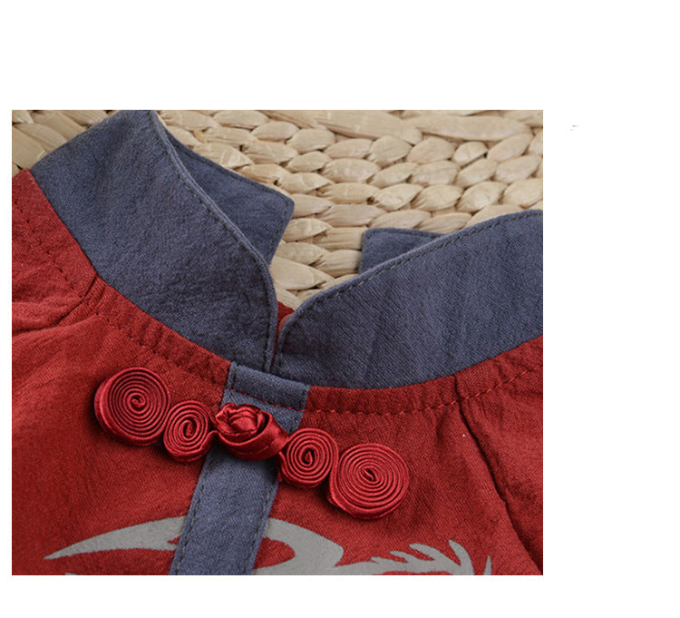 HKM-0961597 Chinese Style Hanfu Vest for Pets - Cotton Fabric in Red and Gray, Sizes XS to XL