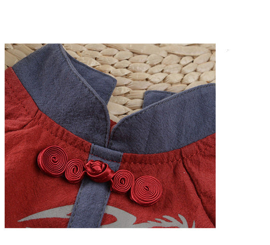 HKM-0961597 Chinese Style Hanfu Vest for Pets - Cotton Fabric in Red and Gray, Sizes XS to XL