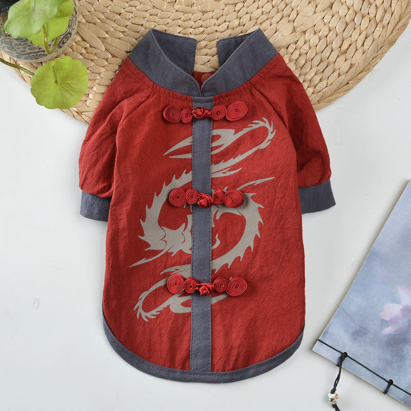 HKM-0961597 Chinese Style Hanfu Vest for Pets - Cotton Fabric in Red and Gray, Sizes XS to XL